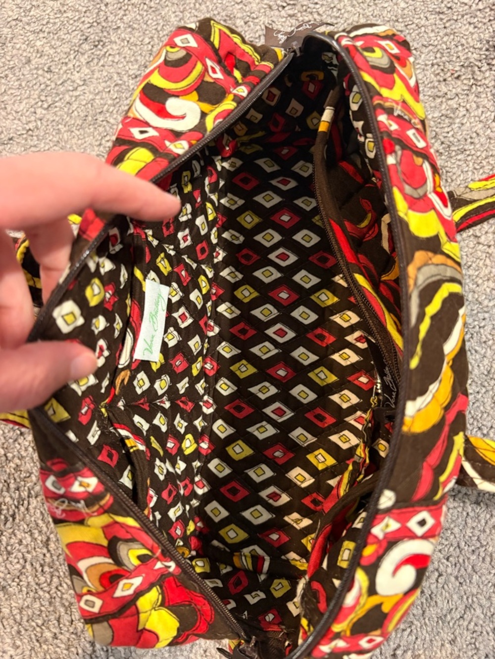Vera Bradley Brown Quilted Tote Bag with Red & Yellow Paisley Print - Picture 4 of 4